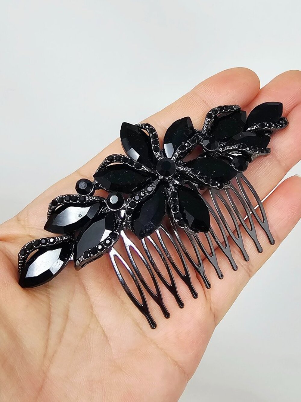 4"L Black Rhinestone Floral Hair Comb Elegant